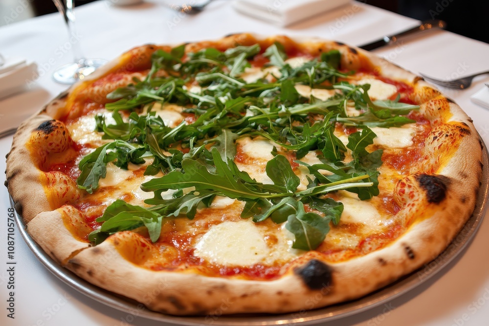 Crispy crust pizza topped with fresh arugula on a cracked stone surface, showcasing a delicious culinary delight. Crispy crust pizza topped with fresh arugula on a cracked stone surface, showcasing a delicious culinary delight.