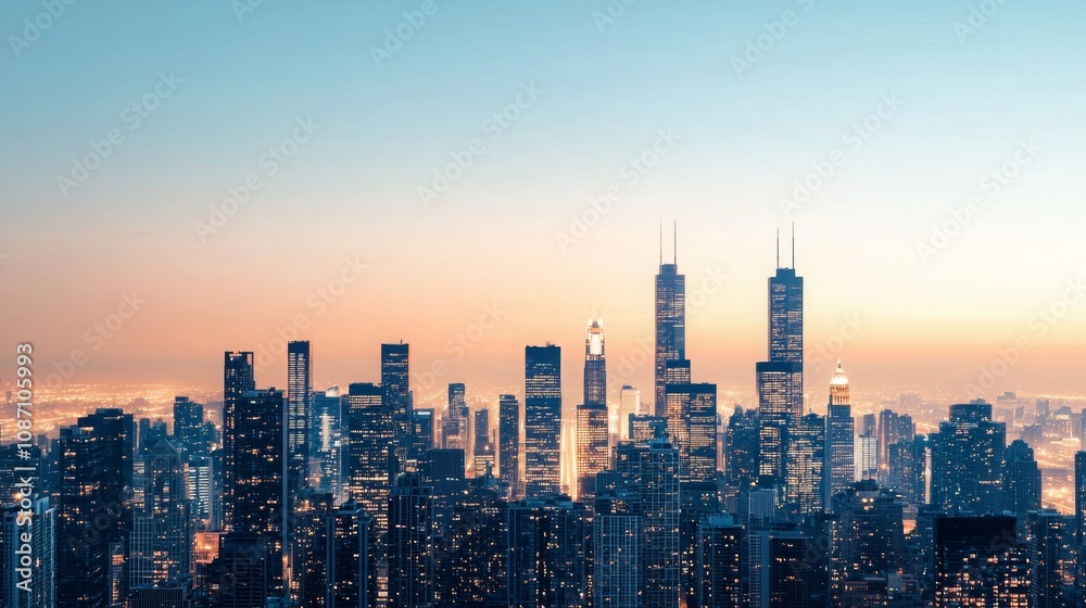 Dusk Cityscape, vibrant skyline illuminated by twilight, expansive area for text or branding, perfect for promotional use Dusk Cityscape, vibrant skyline illuminated by twilight, expansive area for text or branding, perfect for promotional use