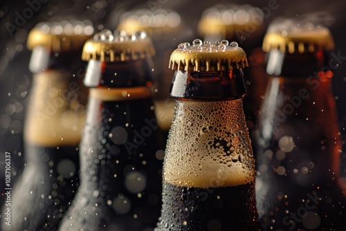 Closeup of several dark beer bottles with condensation and water droplets. photo