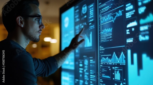 Young Digital Marketer Analyzing Data on Interactive Touchscreen Display While Monitoring Trends and Metrics in Modern Office Environment