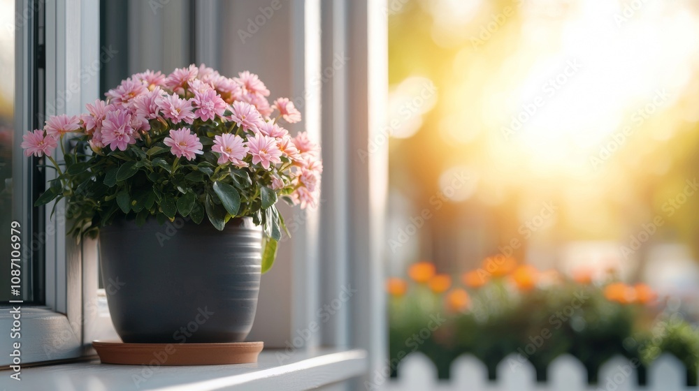 Charming suburban home with vibrant garden, white picket fence, basking in bright sunlight under clear blue skies Charming suburban home with vibrant garden, white picket fence, basking in bright sunlight under clear blue skies