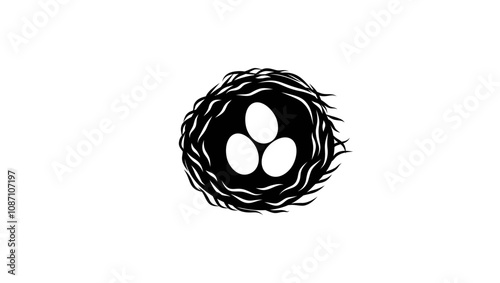 Bird nest with eggs, black isolated silhouette