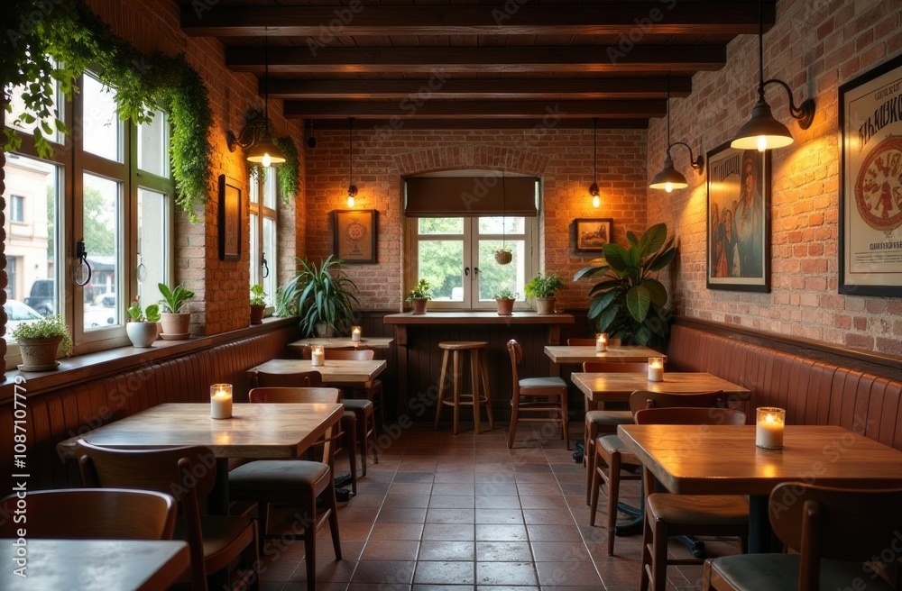 Cozy rustic café interior with wooden furniture and greenery Cozy rustic café interior with wooden furniture and greenery