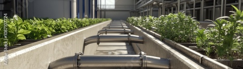 Hydroponic system with plants and pipes in a modern greenhouse, showcasing innovative agricultural technology. photo