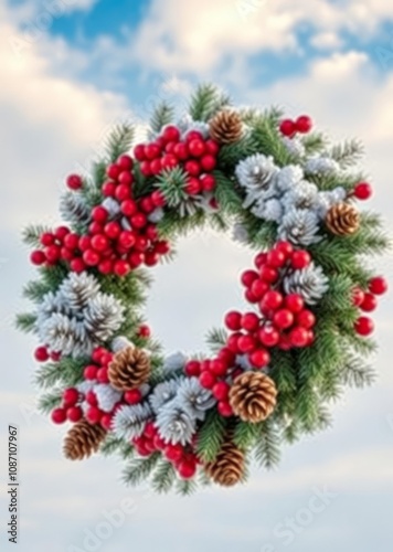 Christmas wreath, snowy pine branches, red berries, pine cones, frosted foliage, festive decoration, circular design, winter holiday, realistic painting, soft sky background, detailed texture, seasona