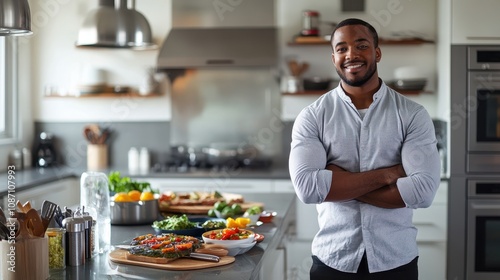 Confident Man Stands in Modern Kitchen Surrounded by Fresh Ingredients, Ready to Prepare a Delicious Meal and Enjoy Quality Time with Loved Ones