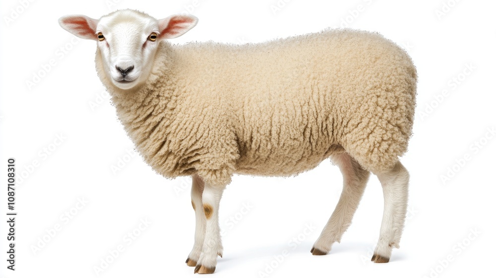 Young fluffy white sheep standing proudly and gazing at the camera, featuring a soft wool coat and a plain background, ideal for symbolizing Eid ul Adha. Young fluffy white sheep standing proudly and gazing at the camera, featuring a soft wool coat and a plain background, ideal for symbolizing Eid ul Adha.