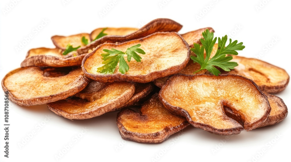Crispy fried slices of Trichogaster pectoralis garnished with fresh herbs, ideal for enhancing Thai cuisine, arranged on a clean white background. Crispy fried slices of Trichogaster pectoralis garnished with fresh herbs, ideal for enhancing Thai cuisine, arranged on a clean white background.