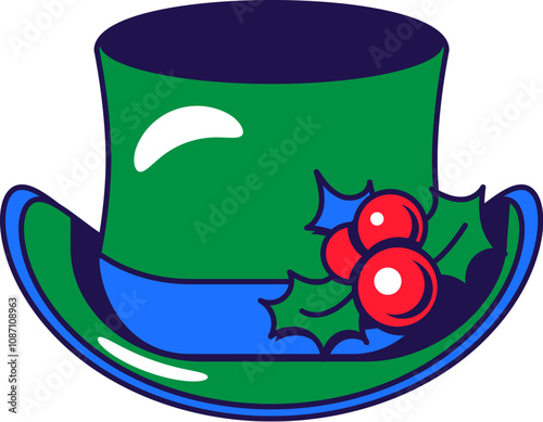 Vector graphic illustration of top hat with holly decoration in cartoon style. Headwear for party or carnival. The icon is perfect for web design, decorative elements, print, stickers, or social media
