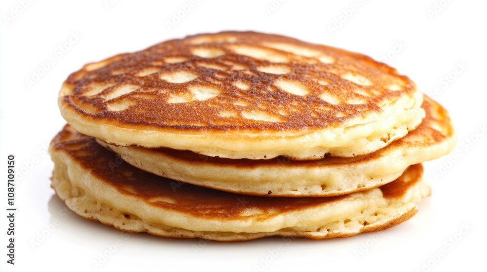 Golden brown pancakes stacked neatly, showcasing a fluffy texture and a crispy edge, set against a pristine white background. Golden brown pancakes stacked neatly, showcasing a fluffy texture and a crispy edge, set against a pristine white background.