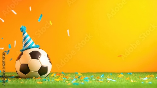 Colorful festive background showcasing a soccer ball wearing a birthday party hat  surrounded by streamers and confetti  perfect for kids  sports-themed birthday celebrations.
