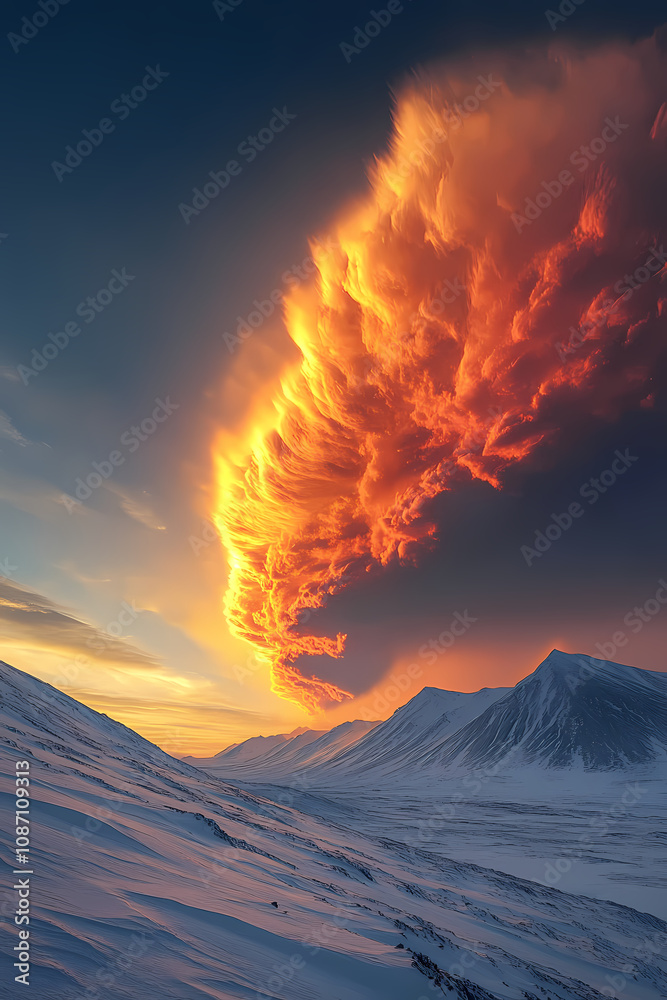 Fototapeta premium An orange-yellow sunset cloud forms over distant mountains and clouds , glinting orange-yellow light against white