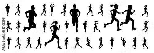 Running silhouettes set of men women kids and athletes in dynamic jogging and racing poses for graphic design and branding