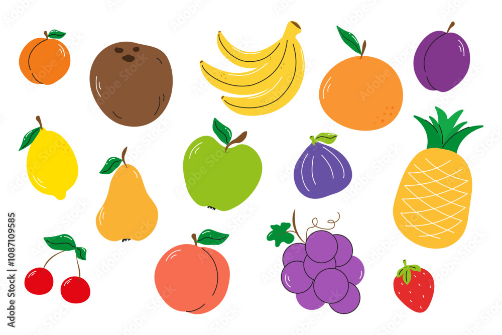 Set of icons of fruits and berries. Natural tropical fruits.Vector illustration. Isolated on white background Set of icons of fruits and berries. Natural tropical fruits.Vector illustration. Isolated on white background