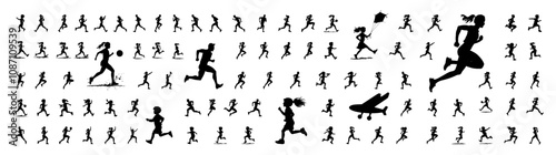 Running silhouettes set of men women kids and athletes in dynamic jogging and racing poses for graphic design and branding