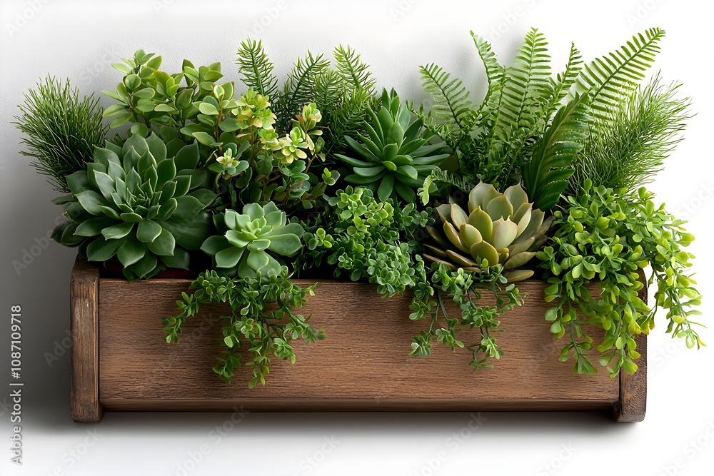 Rustic Wooden Planter Box Displaying a Thriving Assortment of Indoor Houseplants Succulents Ferns and Trailing Vines in a Harmonious Rustic Wooden Planter Box Displaying a Thriving Assortment of Indoor Houseplants Succulents Ferns and Trailing Vines in a Harmonious