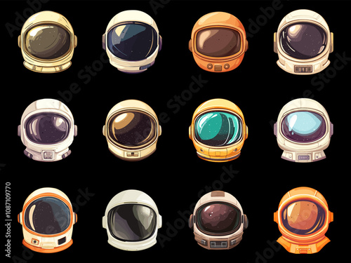 Space astronaut helmets set. Spaceman or shuttle pilot headwear. Cosmonaut protective wear. open space or galaxy traveller part of costume. Cartoon style isolated vector clipart collection on dark
