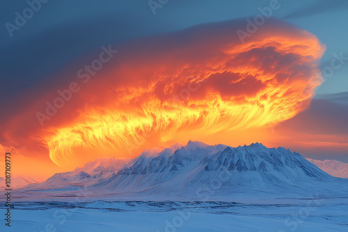 An orange-yellow sunset cloud forms over distant mountains and clouds , glinting orange-yellow light against white