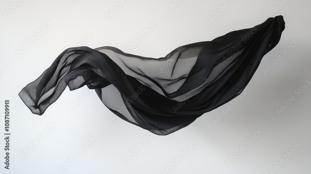 Gracefully floating black fabric draped in elegant folds against a ...