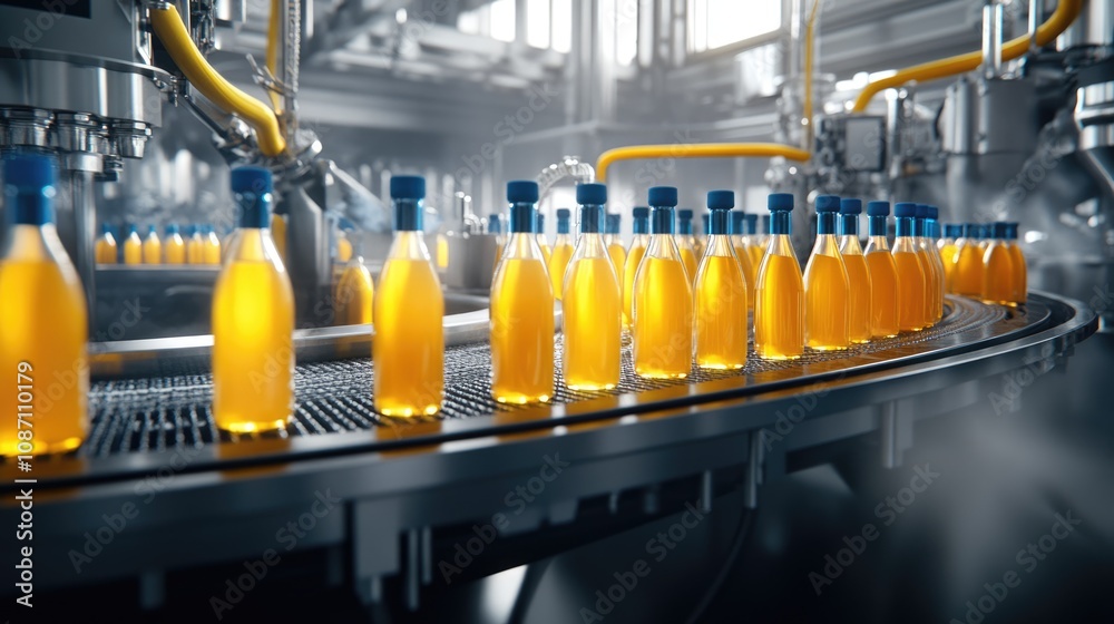 Bottles Moving Along Conveyor Belt in a Factory