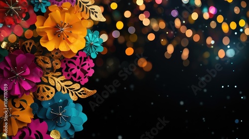 Vibrant fiesta decorations made from shiny paper flowers and pins set against a black background with sparkling bokeh lights, ideal for festive celebrations.