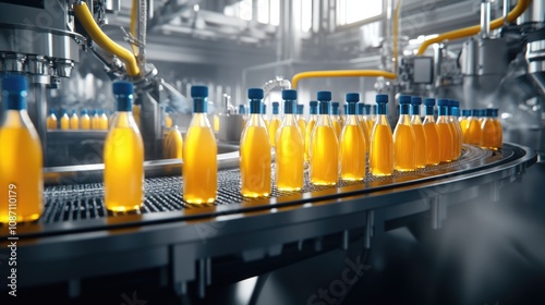 Obraz na płótnie Bottles Moving Along Conveyor Belt in a Factory w salonie