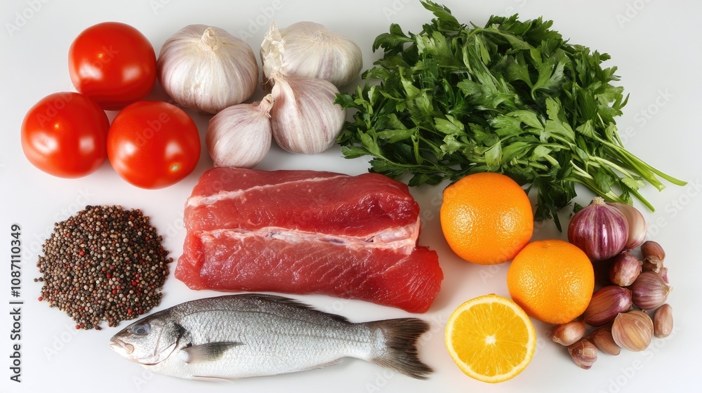 Fresh organic foods promoting clean eating, featuring vibrant vegetables, lean meats, fish, aromatic herbs, and citrus fruits for a healthy lifestyle. Fresh organic foods promoting clean eating, featuring vibrant vegetables, lean meats, fish, aromatic herbs, and citrus fruits for a healthy lifestyle.