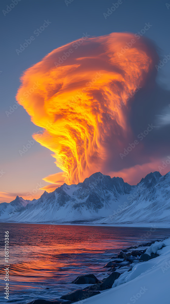 Naklejka premium An orange-yellow sunset cloud forms over distant mountains and clouds , glinting orange-yellow light against white
