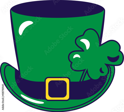 Vector graphic illustration of top hat with shamrock decoration in cartoon style. Headwear for party or carnival. Ethnic accessory. The icon is perfect for web design, decorative elements, print, stic