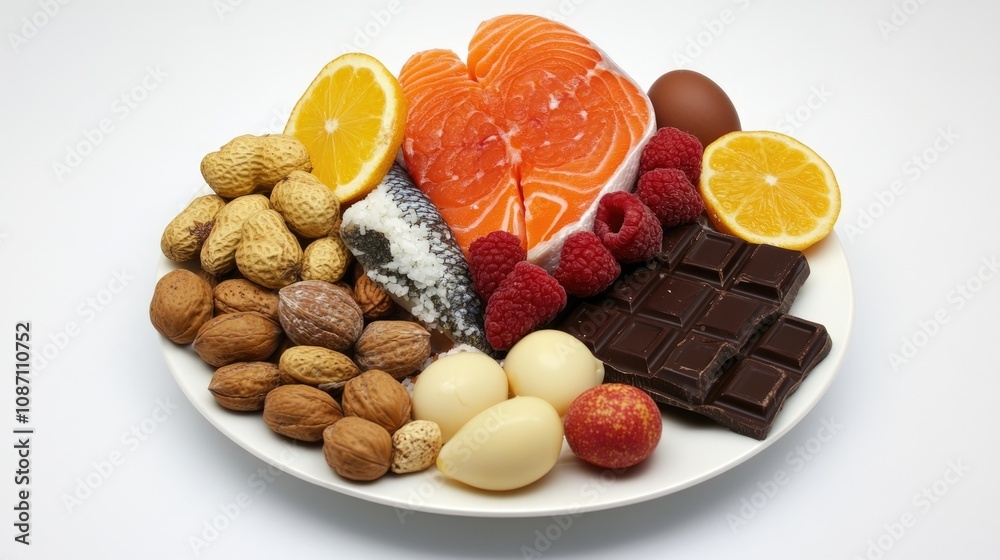 Elimination Diet Arrangement Showcasing Common Food Allergens on a White Plate Including Fish, Dairy, Nuts, Eggs, Chocolate, Wheat, and Citrus Fruits Elimination Diet Arrangement Showcasing Common Food Allergens on a White Plate Including Fish, Dairy, Nuts, Eggs, Chocolate, Wheat, and Citrus Fruits
