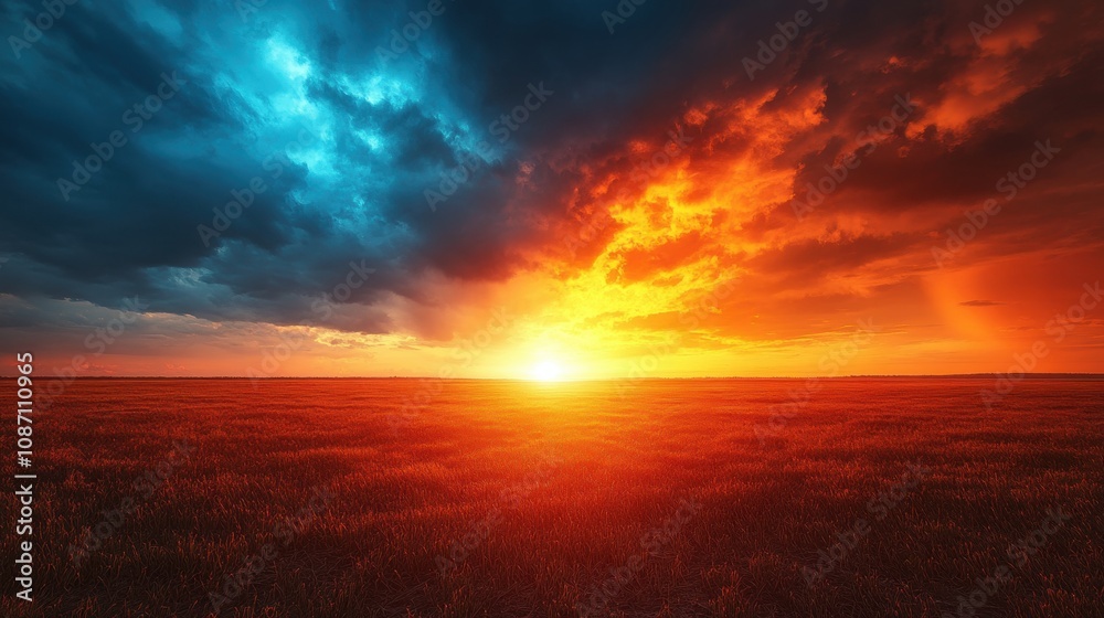 A breathtaking sunset over a vast open field with dramatic clouds displaying a stunning gradient from deep blue to radiant orange and red hues A breathtaking sunset over a vast open field with dramatic clouds displaying a stunning gradient from deep blue to radiant orange and red hues