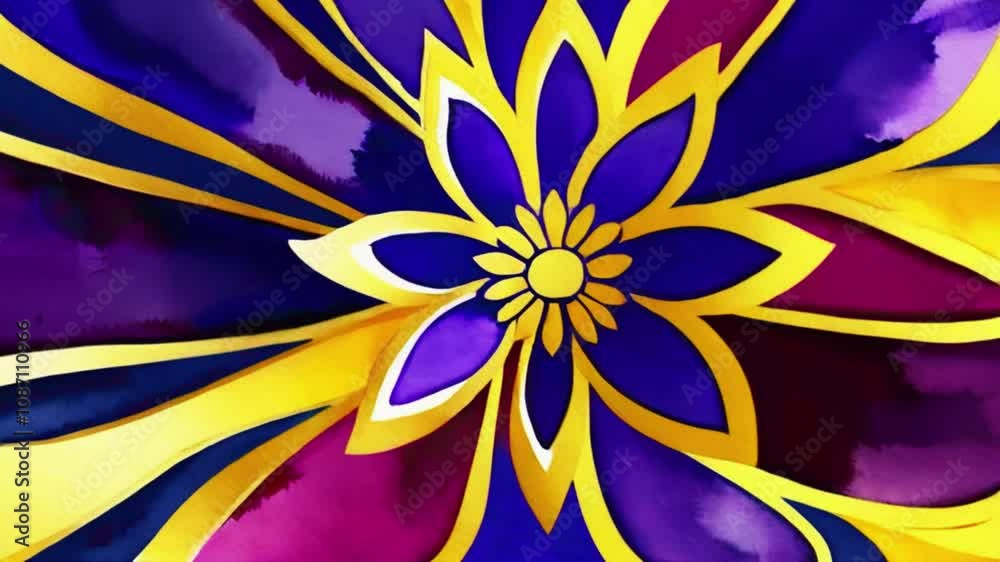 Gold purple mandala background. Folk luxury animation. For yoga, design. Golden purple abstract flowers loop, 4k High-Quality Animation Video