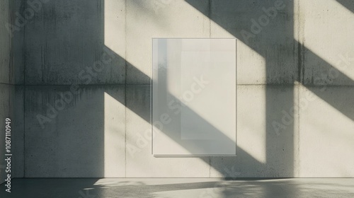 Minimalist mockup of a blank poster on a textured concrete wall, with dramatic sunlight casting sharp shadows across the surface.