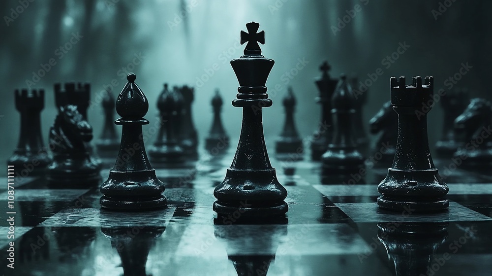 Black chess pieces on a dark chessboard in a mysterious setting. Black chess pieces on a dark chessboard in a mysterious setting.