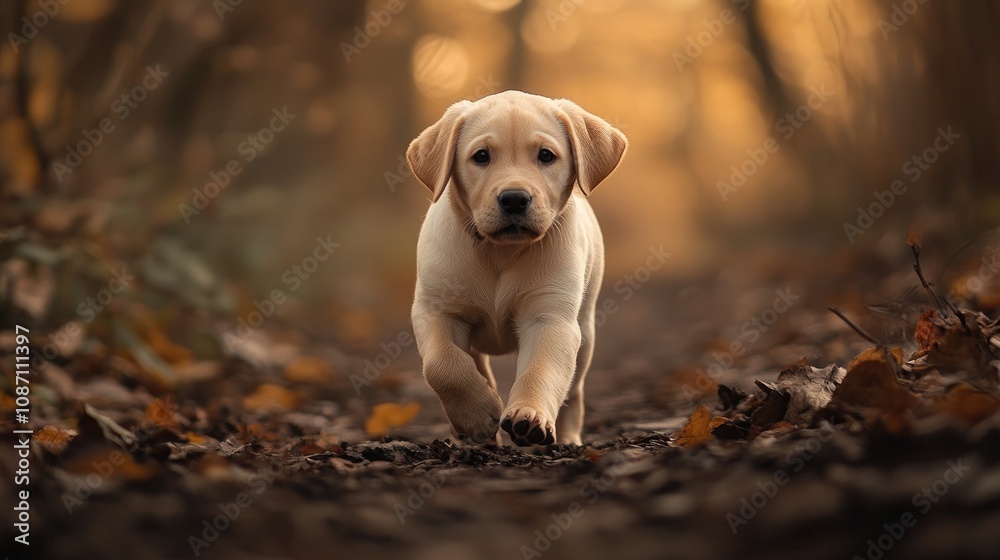 Lively Labrador puppy trotting along a leaf-strewn path in a forest, surrounded by warm autumn light and a serene natural backdrop. Lively Labrador puppy trotting along a leaf-strewn path in a forest, surrounded by warm autumn light and a serene natural backdrop.