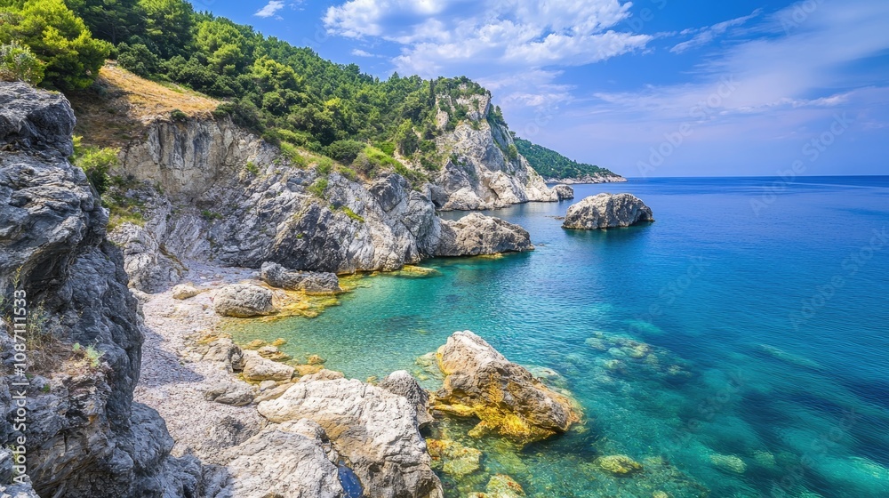 Scenic Coastal View with Diverse Rock Formations and Serene Blue Waters Under a Bright Sky Scenic Coastal View with Diverse Rock Formations and Serene Blue Waters Under a Bright Sky