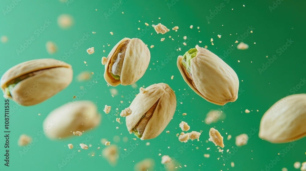Levitating pistachios highlight a healthy snack with fresh whole and cracked nuts against a vibrant green background, showcasing texture and vitality. Levitating pistachios highlight a healthy snack with fresh whole and cracked nuts against a vibrant green background, showcasing texture and vitality.