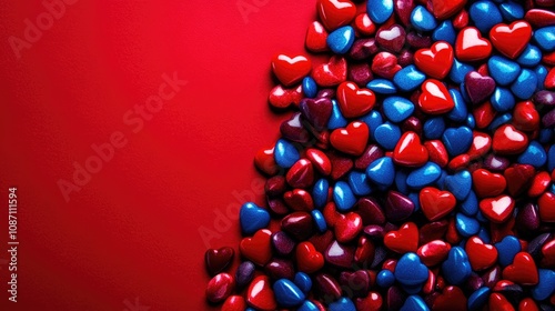 Colorful heart-shaped sprinkles in red, blue, and shiny hues scattered vibrantly against a bold red background, perfect for festive occasions. photo