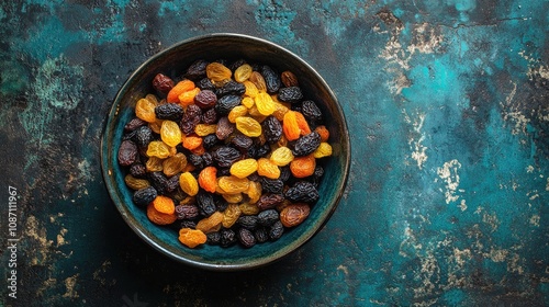 Wallpaper Mural Vibrant Bowl of Mixed Dried Fruits Including Golden Raisins, Dark Raisins, Apricots, Dates, and Prunes Against a Textured Blue Background Torontodigital.ca