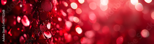 Abstract red color glitter background with blurred bokeh. Luxury banner template for new year, christmas, valentine's day party or holiday cards with space for text.