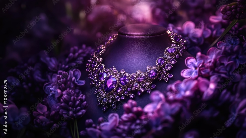 Fototapeta premium Lilac Elegance Exquisite Jewelry Adorned with Sparkling Purple Gems Set Amidst a Lush Sea of Purple Flowers
