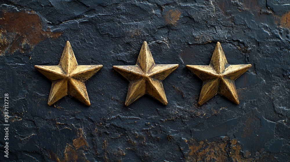 Three gold stars on a dark stone background. Three gold stars on a dark stone background.