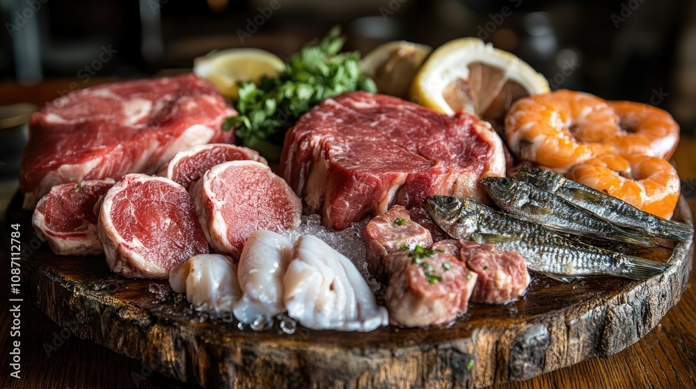 Assorted meats and seafood platter showcasing vitamin B12-rich protein sources including beef cuts, shrimp, and fish garnished with lemon and herbs. Assorted meats and seafood platter showcasing vitamin B12-rich protein sources including beef cuts, shrimp, and fish garnished with lemon and herbs.