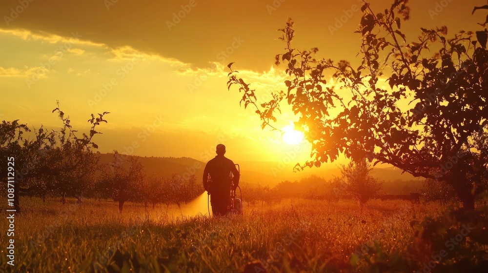 Farmer managing a sprayer machine in a sunlit fruit orchard, reflecting agricultural practices amidst a stunning sunset backdrop. Farmer managing a sprayer machine in a sunlit fruit orchard, reflecting agricultural practices amidst a stunning sunset backdrop.
