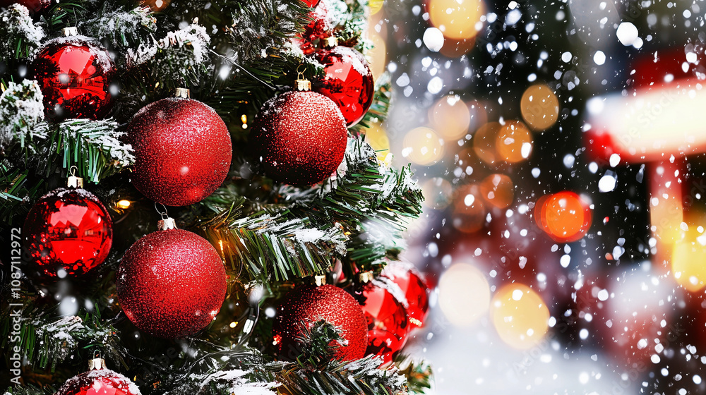 Festive Red and Green Christmas Tree in Snowy Cityscape, Illuminated by Warm Streetlights - Symbol of Holiday Cheer and Winter Wonderland. Festive Red and Green Christmas Tree in Snowy Cityscape, Illuminated by Warm Streetlights - Symbol of Holiday Cheer and Winter Wonderland.