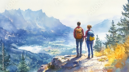 Serene Watercolor Illustration of a Couple Stopping to Enjoy the View of Majestic Mountains and Lush Nature in a Peaceful Landscape