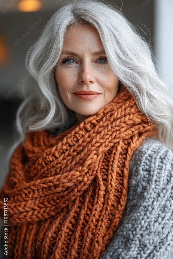 An older woman with elegant silver hair and a warm orange scarf smiles warmly, exuding comfort in a soft indoor environment during autumn An older woman with elegant silver hair and a warm orange scarf smiles warmly, exuding comfort in a soft indoor environment during autumn