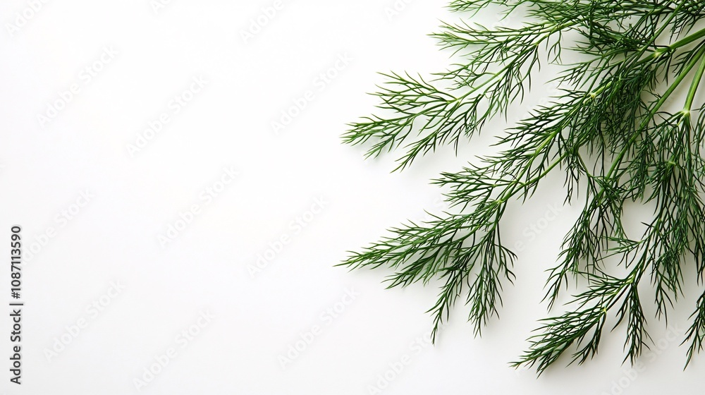 Fototapeta premium Isolated on white background fresh fennel fronds with light green feathery stems placed loosely for natural elegance and side empty space for text Stockphoto style