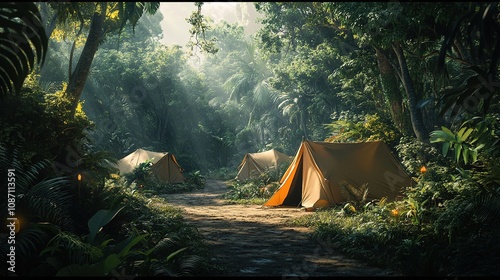 Fototapeta Naklejka Na Ścianę i Meble -  A jungle camp scene with tents set up in a clearing, surrounded by dense, exotic plants.