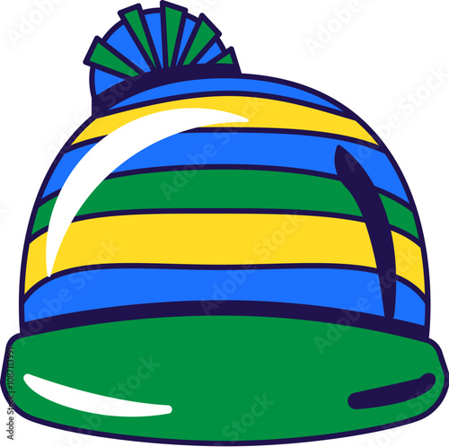 Vector graphic illustration of warm winter hat with pompon in cartoon style. Headwear for cold season. The icon is perfect for web design, decorative elements, print, stickers, or social media. The im